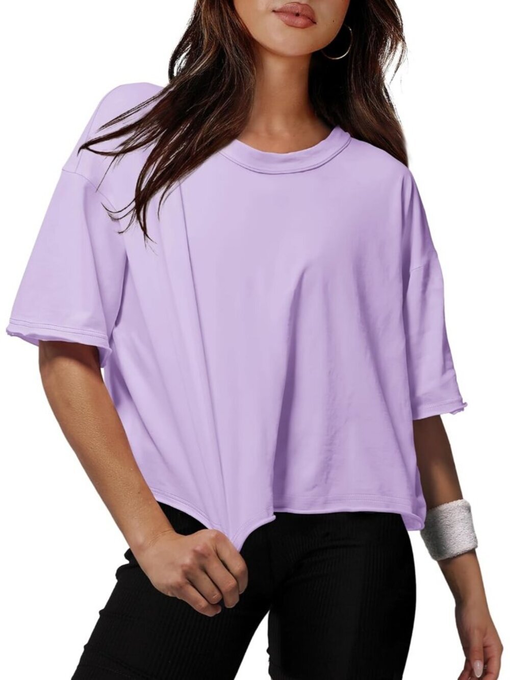 Women's Lavender Crew Neck Casual Crop Tops Short Sleeve Basic Tees Shirts